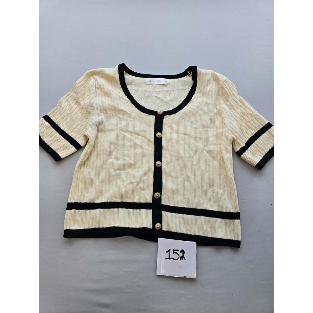 Knit Mix Womens Cream Black Ribbed Short Sleeve Button Front Cardigan Top M